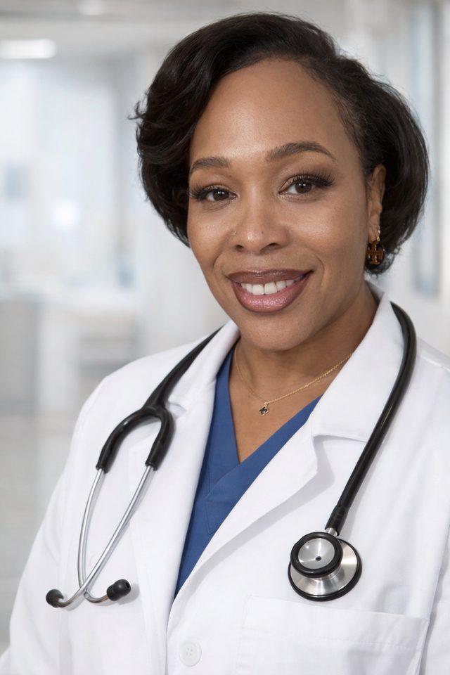 Portrait of Tiffanni Forbes, MD, board-certified internal medicine physician, wearing a white coat